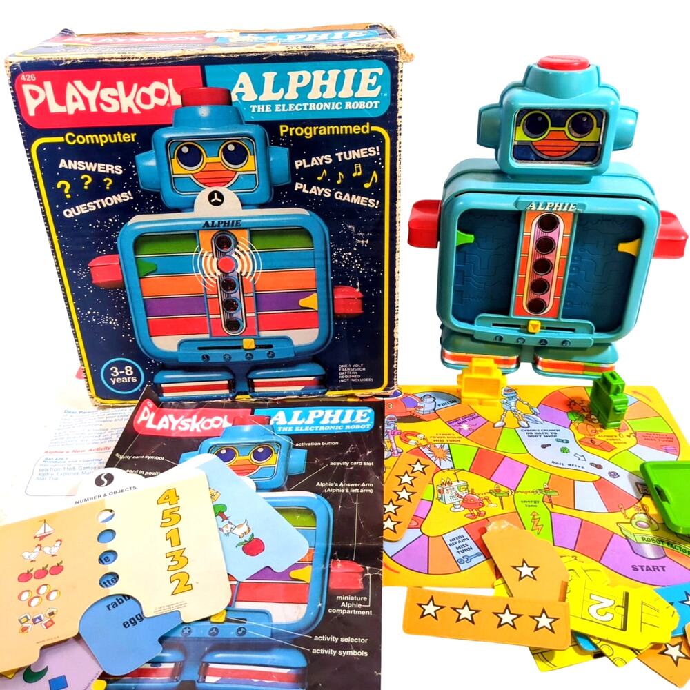 Alphie Electronic Robot 1978 Playskool w/ Game Sheets Box Vintage Needs Repair